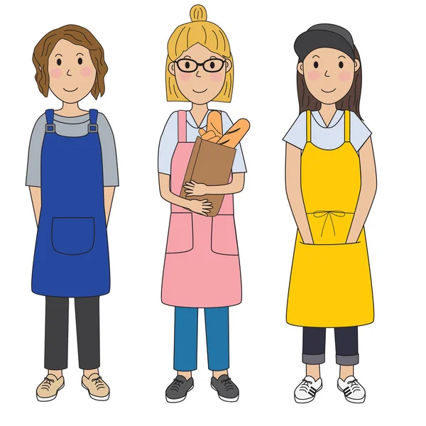 Frauen Mädchen mit Schürze bereiten das Kochen zu.illustration.ep — Stockvektor