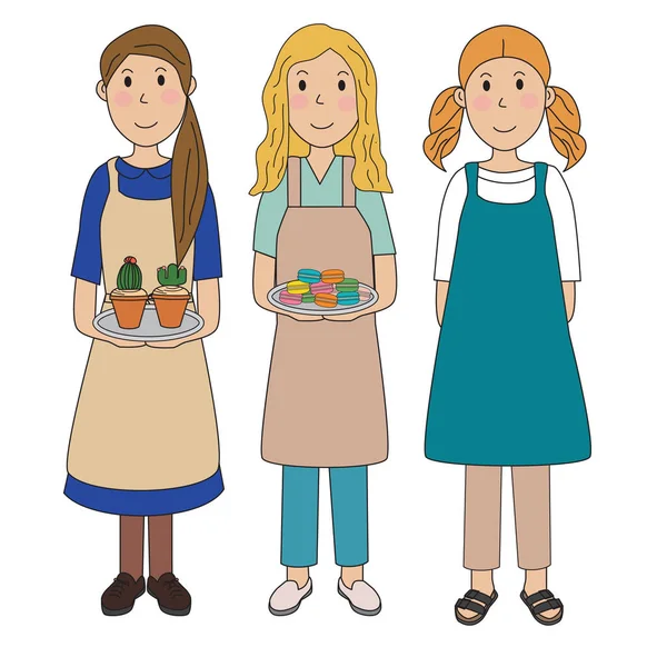 Women girls female wearing apron prepare cooking.illustration.EP — Stock Vector