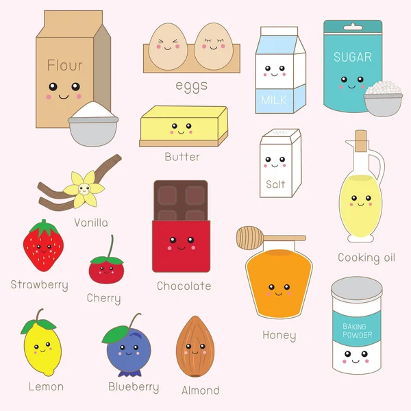 Panadería materia prima ingrediente cosas kawaii lindo. ilustración v Vector De Stock