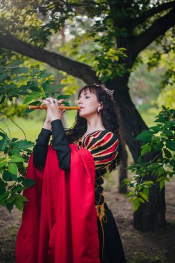 Kraliçe ile elleri bir flüt. Taç güzel kızı boru üzerinde çalış. Fantezi. Altın nakış ile Ortaçağ siyah ve kırmızı elbise.