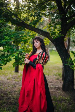 Kraliçe ile elleri bir flüt. Taç güzel kızı boru üzerinde çalış. Fantezi. Altın nakış ile Ortaçağ siyah ve kırmızı elbise.