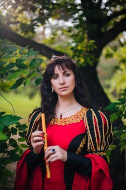Kraliçe ile elleri bir flüt. Taç güzel kızı boru üzerinde çalış. Fantezi. Altın nakış ile Ortaçağ siyah ve kırmızı elbise.