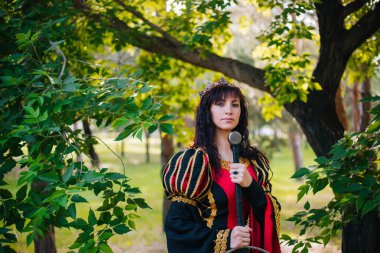 Kraliçe onu elinde bir kılıç ile. Taç güzel kız. Fantezi. Altın nakış ile Ortaçağ siyah ve kırmızı elbise.