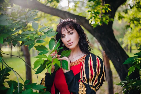 Rainha Menina Bonita Coroa Fantasia Vestido Preto Vermelho Medieval Com — Fotografia de Stock