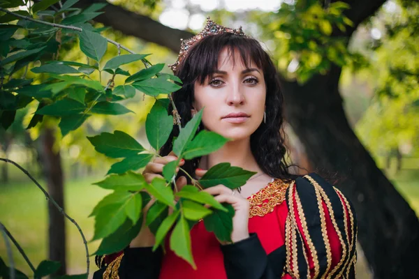 Rainha Menina Bonita Coroa Fantasia Vestido Preto Vermelho Medieval Com — Fotografia de Stock