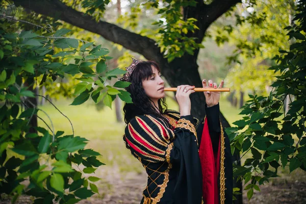 Reine Avec Une Flûte Dans Les Mains Belle Fille Dans — Photo