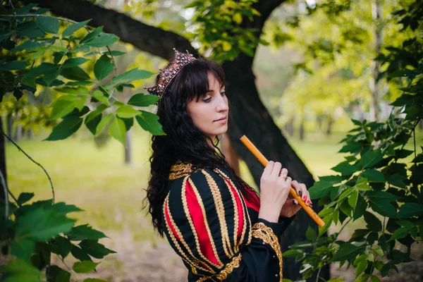 Reine Avec Une Flûte Dans Les Mains Belle Fille Dans — Photo