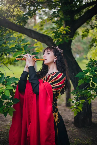 Kraliçe ile elleri bir flüt. Taç güzel kızı boru üzerinde çalış. Fantezi. Altın nakış ile Ortaçağ siyah ve kırmızı elbise.
