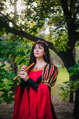 Kraliçe ile elleri bir flüt. Taç güzel kızı boru üzerinde çalış. Fantezi. Altın nakış ile Ortaçağ siyah ve kırmızı elbise.
