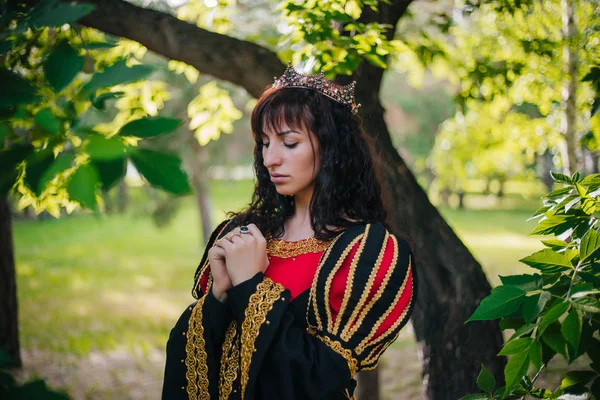 Rainha Menina Bonita Coroa Fantasia Vestido Preto Vermelho Medieval Com — Fotografia de Stock