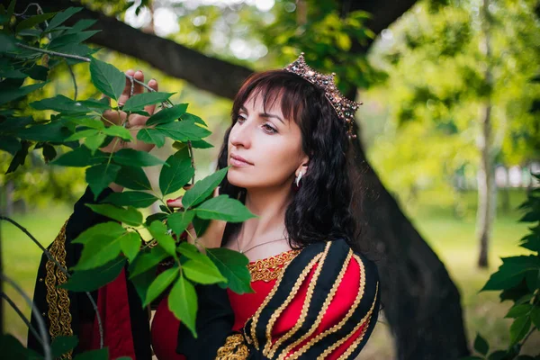 Queen Beautiful Girl Crown Fantasy Medieval Black Red Dress Gold — Stock Photo, Image