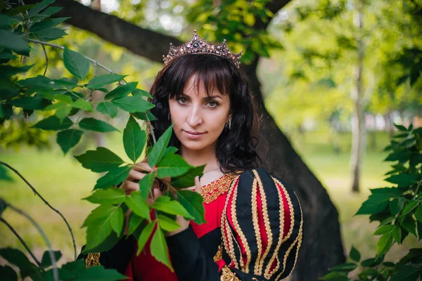Kraliçe. Taç güzel kız. Fantezi. Altın nakış ile Ortaçağ siyah ve kırmızı elbise.