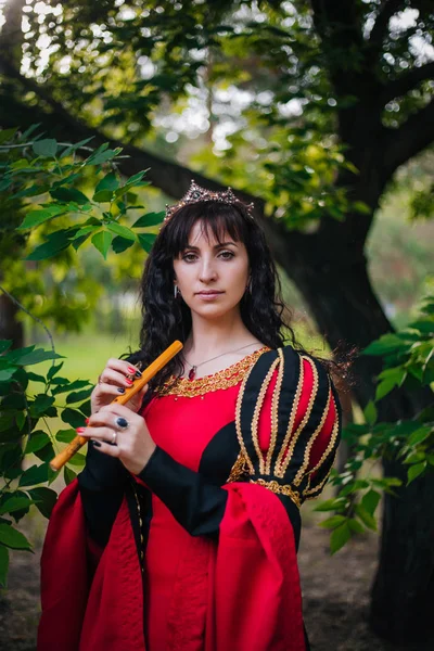 Kraliçe ile elleri bir flüt. Taç güzel kızı boru üzerinde çalış. Fantezi. Altın nakış ile Ortaçağ siyah ve kırmızı elbise.