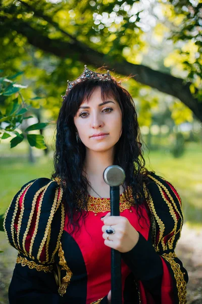 Queen Sword Her Hands Beautiful Girl Crown Fantasy Medieval Black — Stock Photo, Image