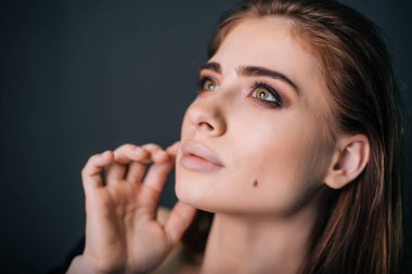 Güzellik Portresi. Stüdyo portre gri bir arka plan üzerinde güzel bir kız. İyi bir makyaj. Yüz yakın çekim
