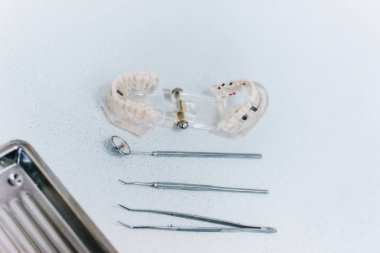 Stomatoloji. Camdan yapılmış çene modeli. Diş hekimliği aletleri. Pulpitis ve caries