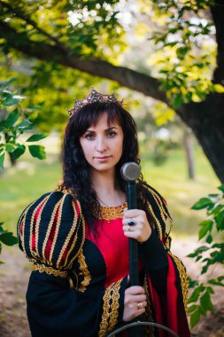 Kraliçe onu elinde bir kılıç ile. Taç güzel kız. Fantezi. Altın nakış ile Ortaçağ siyah ve kırmızı elbise.