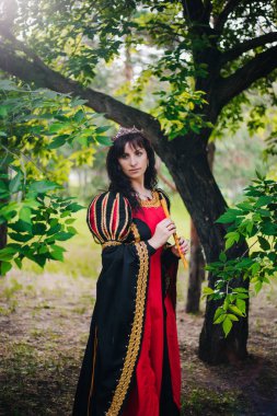 Kraliçe ile elleri bir flüt. Taç güzel kızı boru üzerinde çalış. Fantezi. Altın nakış ile Ortaçağ siyah ve kırmızı elbise.