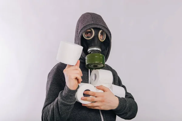 Guy Gas Mask Gray Sweatshirt Hood Holds Rolls Toilet Paper — Stock Fotó