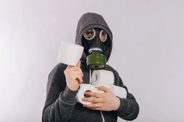 Mec Avec Masque Gaz Sweat Shirt Gris Dans Une Capuche — Photo