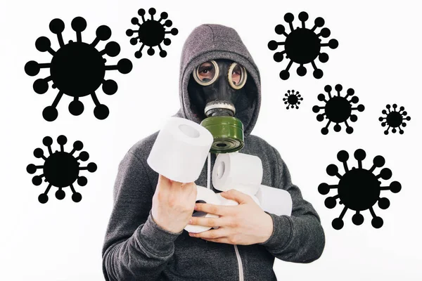 Guy Gas Mask Gray Sweatshirt Hood Holds Rolls Toilet Paper — Φωτογραφία Αρχείου