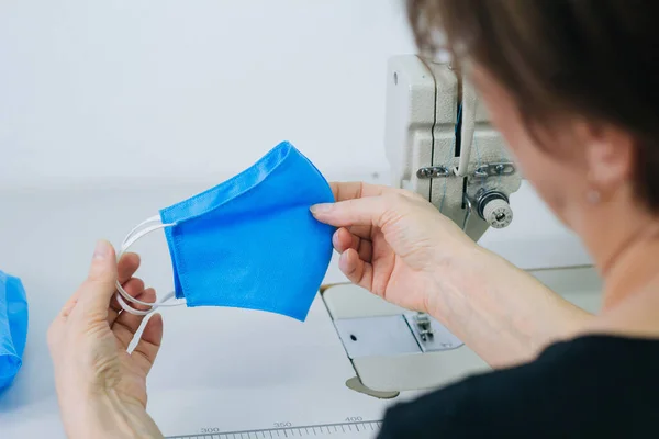 Stepwise Stitching Blue Fabric Medical Masks Close Hands Holding Ready — ストック写真