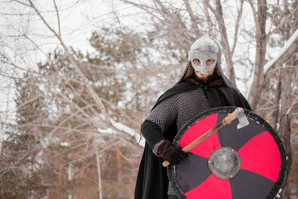 Viking Winter Shield Red Black Guy Helmet Chain Mail Snow — Stock Photo, Image