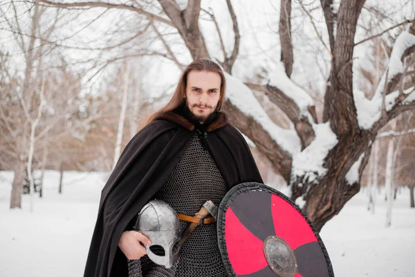 Handsome Young Guy Long Hair Armor Holds Helmet His Hands — Stock Photo, Image