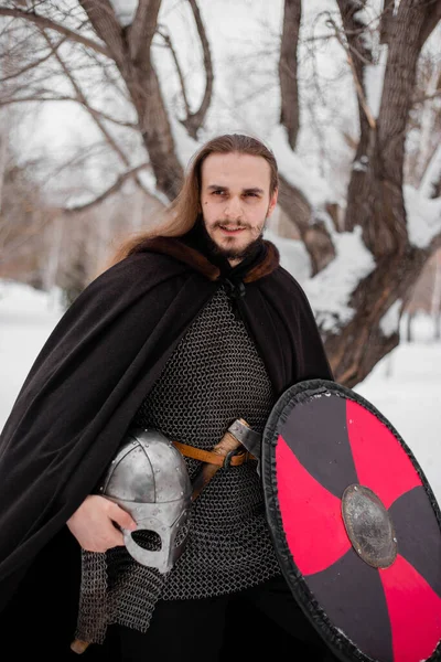 Handsome Young Guy Long Hair Armor Holds Helmet His Hands — Stock Photo, Image