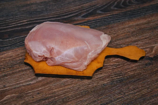 Ingredient Cooking Raw Turkey Lies Wooden Board Dark Kitchen Table — Stockfoto