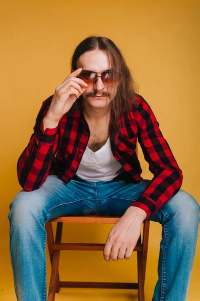 Attractive Man Long Hair Mustache Red 80S Disco Plaid Shirt — Stock Photo, Image