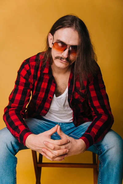 Attractive Man Long Hair Mustache Red 80S Disco Plaid Shirt — Stock Photo, Image