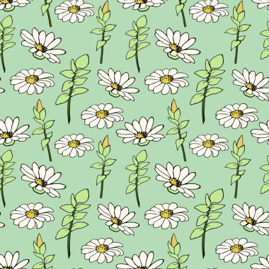 Yeşil arka planda papatyalar olan kusursuz bir arka plan. kağıt, ambalaj, kozmetik, kumaş, eko-ürün tasarımı için.