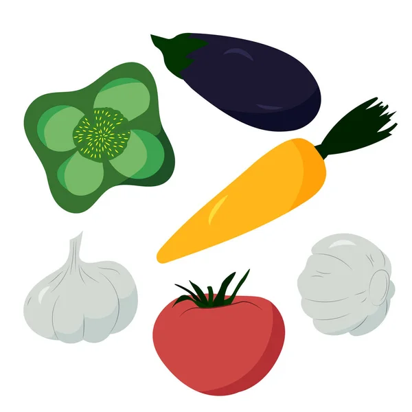 Vektorcartoon Gemüse Auberginen Paprika Tomaten Knoblauch Und Karotten Für Das — Stockvektor