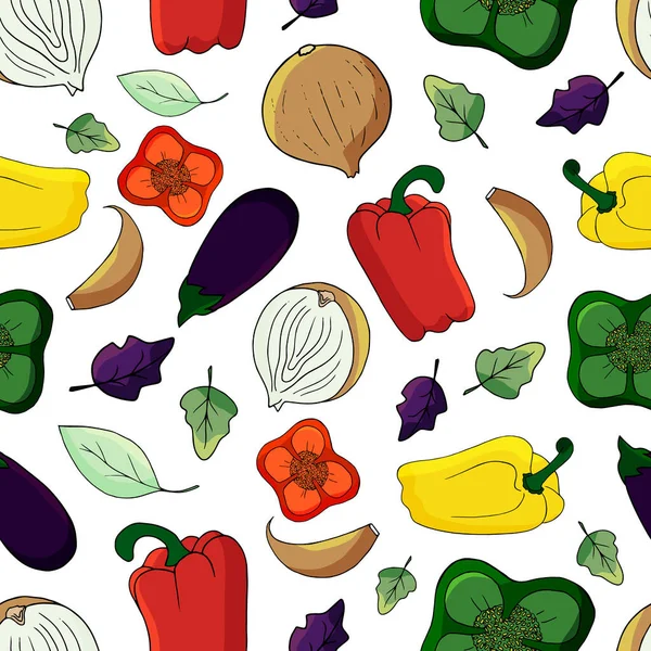 Vektor Nahtlose Muster Mit Gemüse Hintergrund Mit Auberginen Zwiebeln Und — Stockvektor