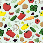 Картина, постер, плакат, фотообои "vector seamless background with vegetables. delicious and fresh background for packaging, paper, and fabric. background with peppers, cucumbers, and carrots.", артикул 395845250