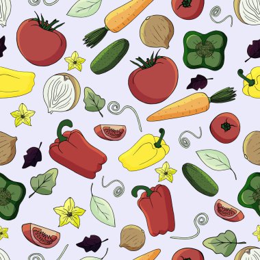 Sebzeli vektörsüz desen. Sonbaharda iyi bir hasat. kağıt, menü, ambalaj ve kumaş tasarımı için.