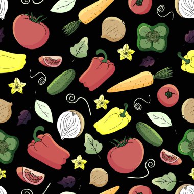 Sebzeli vektörsüz arka plan. Ambalaj, kağıt ve kumaş için nefis ve taze bir arka plan. biberli, salatalıklı ve havuçlu arka plan.