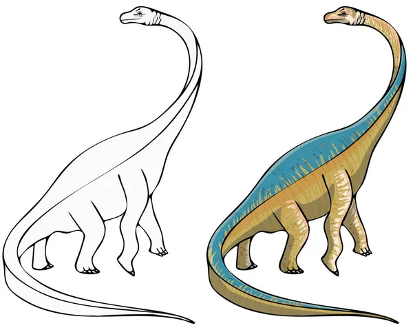 Διανυσματικός Δεινόσαυρος Βραχιόσαυρος Περίγραμμα Για Χρωματισμό Και Ένας Έγχρωμος Δεινόσαυρος — Διανυσματικό Αρχείο