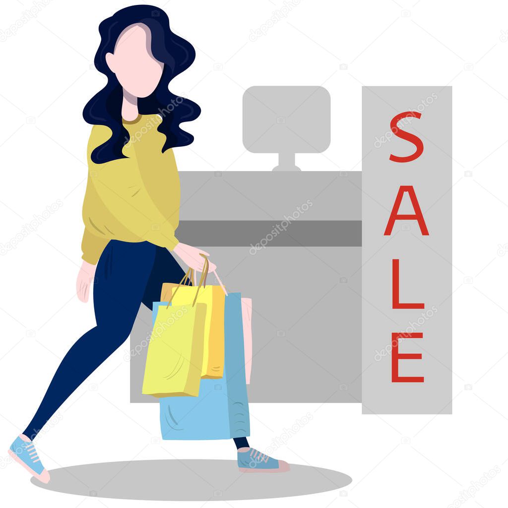 vector illustration of a flat character. a girl goes shopping with packages. for web design and store. sale, discounts