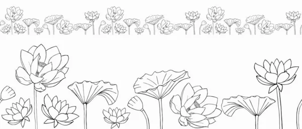 蓮の花と葉のベクトルシームレスな境界 ミニマルな禅風 蓮の花とグラフィックスタイルで葉と美しいモノクロベクトルの花のフレーム ストックベクター