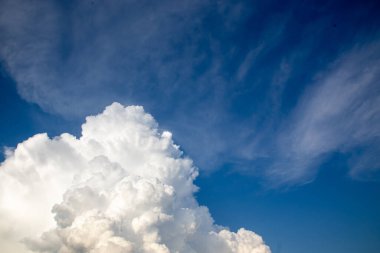 A bright blue sky is dotted with fluffy white clouds, creating a beautiful summer scene. Thin clouds also adorn the background.