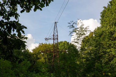 A rustic electricity pylon stands against a backdrop of vibrant green foliage, framed by a partially cloudy sky. Power lines stretch across the frame.