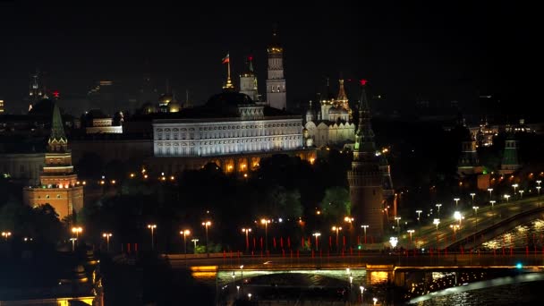 Gece Moskova Nehri Kremlin Büyük Taş Köprü Görünümünü Moscow Rusya — Stok video