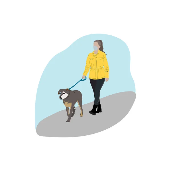 Одна Женщина Маске Лица Выгуливает Собаку Удачной Прогулки Девушка Домашним — стоковый вектор