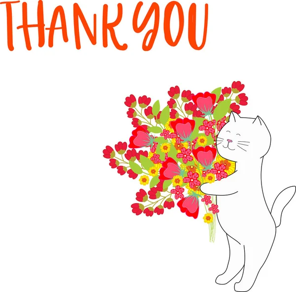 Carte Thanksgiving Chat Avec Bouquet Fleurs Rouges Merci Texte Chat — Image vectorielle