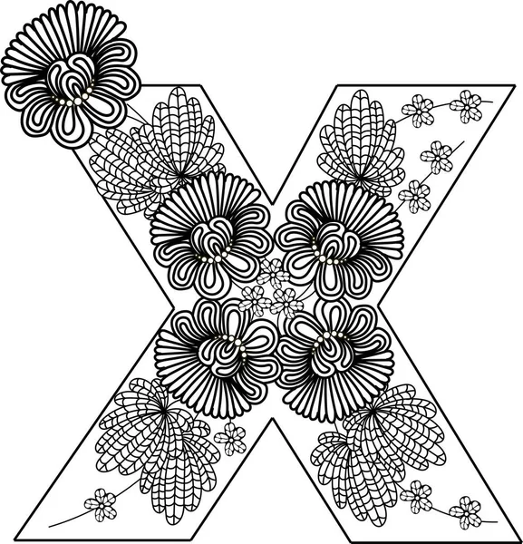 Graphic Floral Alphabet Letter Black White Flowers Drawn Emblem Book — Stock Vector
