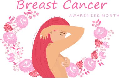 Göğüs Kanseri Bilinci Kaligrafi Posteri Tasarımı. Vektör Pembe çiçekler. Kadın, soyut çiçek arka planında göğüslerini inceliyor. Ekim Kanser Farkındalığı Ayı. 