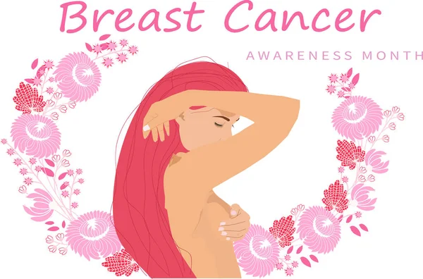 Borstkanker Bewustmaking Kalligrafie Poster Ontwerp Vector Roze Bloemen Vrouw Onderzoekt — Stockvector