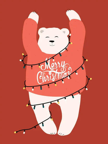 Милый Рождественский Белый Медведь Свитере Завернутый Гирлянду Вектор Изолированы Смешно — стоковый вектор